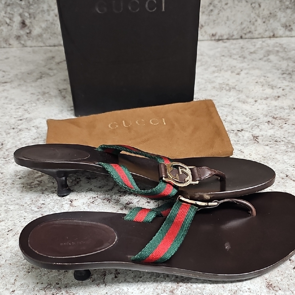 Gucci Brown Sandals with Red and Green Straps
